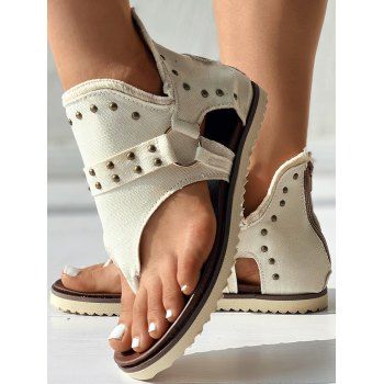 

Zip Up Back Rivets Canvas Fryed Cut Out Flat Sandals, White