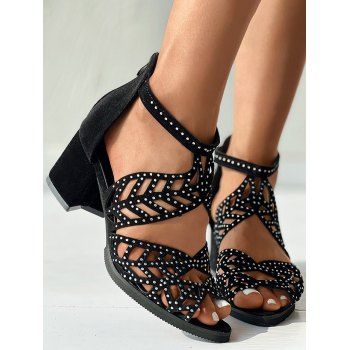 

Hollow Out Rhinestone Fish Mouth Zip Up Back Heeled Sandals, Black