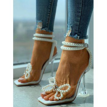 

Artificial Pearl Bowknot Decor Square Toe High Heels Sandals, White