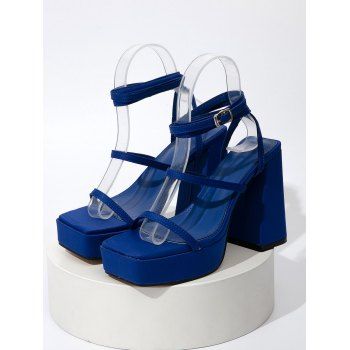 

Bandage Square Toe Ankle Wrap Chunky Platform High Heel Sandals, Blue