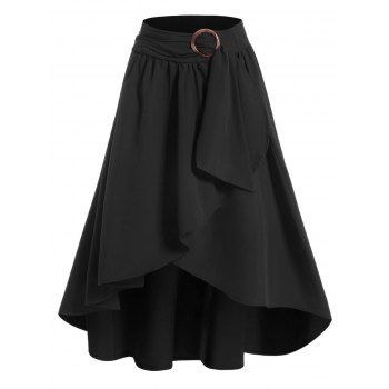 

Overlay Skirt Solid Color Self Belted Ruffle Asymmetrical Hem Zip Up Midi Skirt, Black