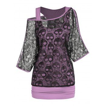 

Skull Lace Insert Faux Twinset Top, Light pink