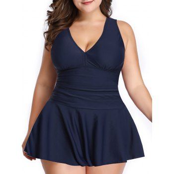 

Plus Size Solid Color Plunge Swim Dress Padded Low Cut Back High Waist One-piece Swimwear, Deep blue