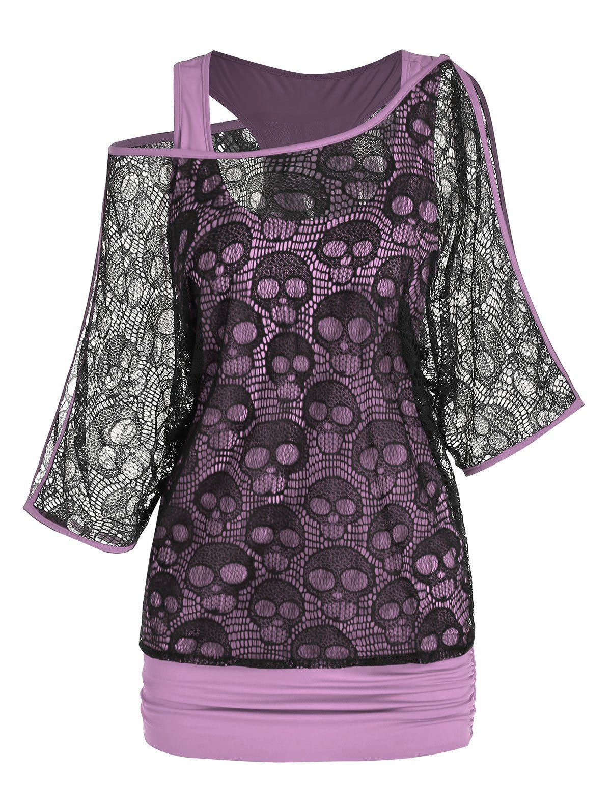 Skull Lace Insert Faux Twinset Top - LIGHT PINK 3XL