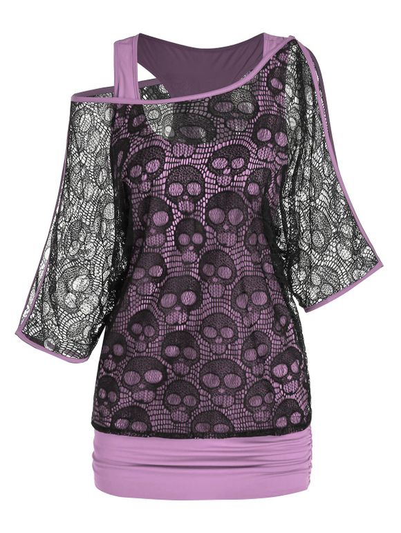 T-shirt en Faux Deux Pièces à Imprimé Crâne - Rose clair M