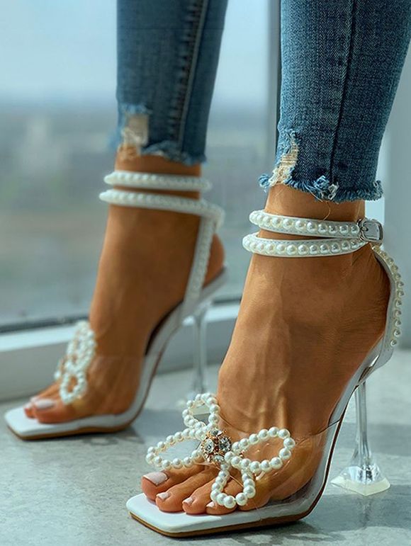 Artificial Pearl Bowknot Decor Square Toe High Heels Sandals - Blanc EU 39