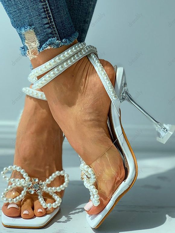 Artificial Pearl Bowknot Decor Square Toe High Heels Sandals - Blanc EU 41