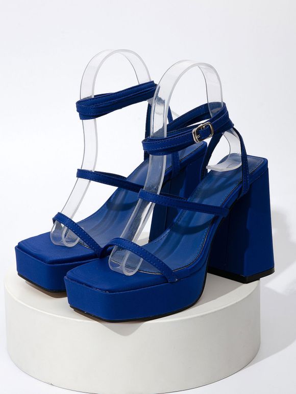Bandage Square Toe Ankle Wrap Chunky Platform High Heel Sandals - Bleu EU 41