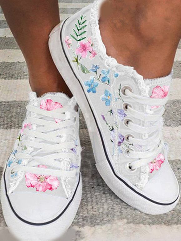 Floral Print Frayed Lace Up Canvas Casual Sport Flat Shoes - Blanc EU 39