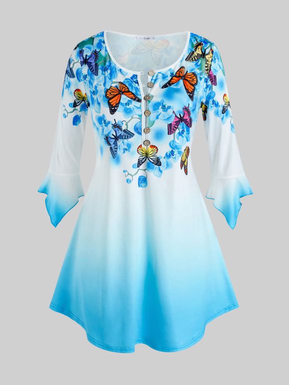 T-shirt en Couleur Ombrée Fleuri à Imprimé Papillon à Manches de Cloche de Grande Taille - Bleu 4X