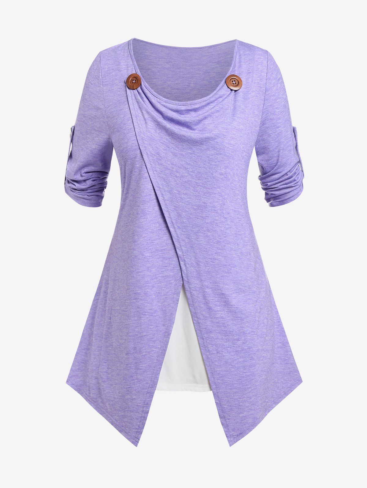 T-shirt de Grande Taille à Manches Roulées Fausse Deux Pièces - Violet clair 3X