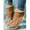Artificial Pearl Bowknot Decor Square Toe High Heels Sandals - Blanc EU 41