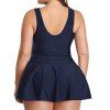 Plus Size Solid Color Plunge Swim Dress Padded Low Cut Back High Waist One-piece Swimwear - DEEP BLUE XL