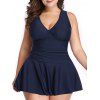 Plus Size Solid Color Plunge Swim Dress Padded Low Cut Back High Waist One-piece Swimwear - DEEP BLUE XL