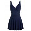 Plus Size Solid Color Plunge Swim Dress Padded Low Cut Back High Waist One-piece Swimwear - DEEP BLUE XL
