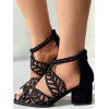 Hollow Out Rhinestone Fish Mouth Zip Up Back Heeled Sandals - Noir EU 40