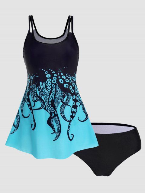 Octopus Print Tummy Control Tankini Swimsuit Padded Adjustable Straps Tankini Two Piece Swimwear Bathing Suit