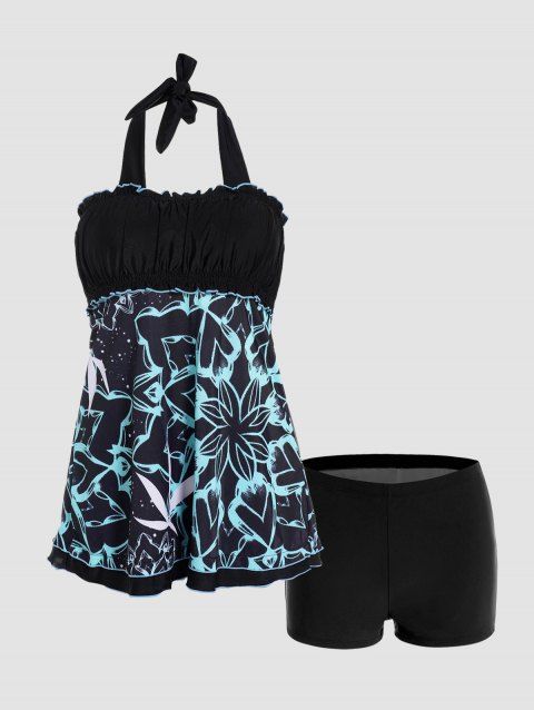 Flower Leaf Heart Print Halter Tankini Swimsuit Ruffles Padded Tummy Control Tankini Swimsuit Boyleg Bathing Suit