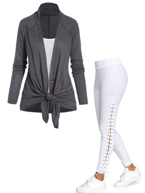 Single Button Colorblock Knot Long Sleeve Top And Plain Lace Up Skinny Pants Outfit