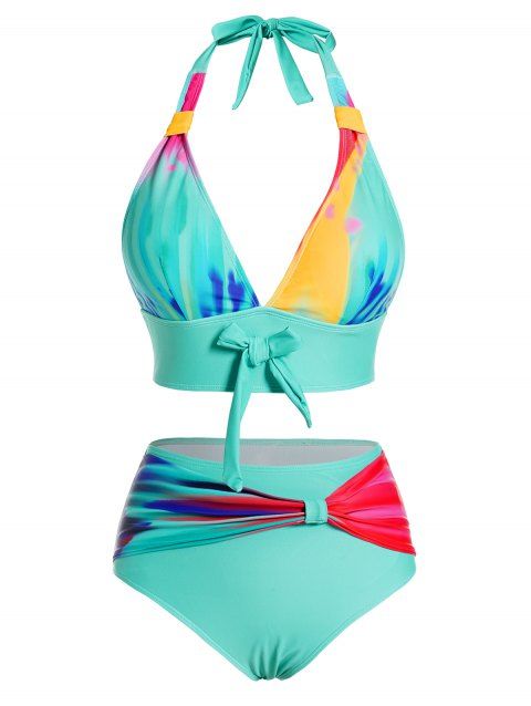 Colorful Tie Dye Print Halter Bikini Swimsuit Padded Bowknot Bikini Two Piece Swimwear High Waist Bathing Suit