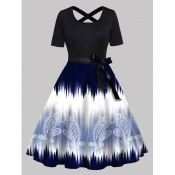 

Plus Size Dress Paisley Ombre Print A Line Dress Cross Bowknot Belt Short Sleeve Dress, Black