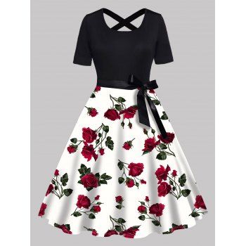 

Plus Size Dress Rose Flower Print Contrast A Line Dress Bowknot Belt Cross Short Sleeve Dress, White