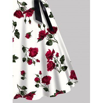 Plus Size Dress Rose Flower Print Contrast A Line Dress Bowknot Belt Cross Short Sleeve Dress