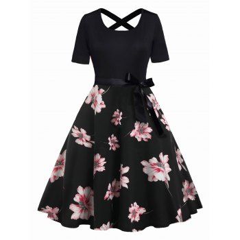 

Plus Size Dress Flower Print A Line Dress Cross Bowknot Belted Short Sleeve Dress, Black