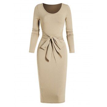 Long Sleeve Solid Color Textured Sheath Dress Bowknot V Neck Midi Dress