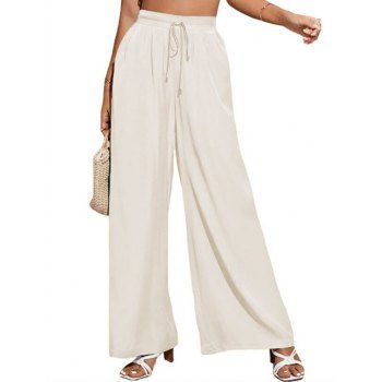 

Plain Color Pants Ruffle Drawstring High Waisted Side Pockets Long Wide Leg Pants, Light coffee