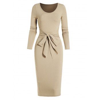 

Long Sleeve Solid Color Textured Sheath Dress Bowknot V Neck Midi Dress, Light coffee