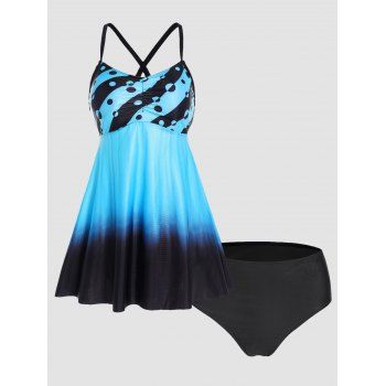 

Modest Tankini Swimwear Ombre Striped Polka Dot Print Swimsuit Padded Straps Bathing Suit, Blue
