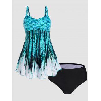 

Ombre Printed Tankini Swimwear Modest Swimsuit Cut Out Straps Padded Two Piece Bathing Suit, Light blue