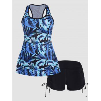 

Tropical Leaf Print Vacation Tankini Swimsuit Cut Out Padded Tankini Two Piece Swimwear Cinched Boyleg Bathing Suit, Blue