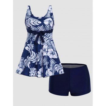 

Tropical Leaf Print Vacation Tankini Swimsuit Padded Tankini Two Piece Swimwear Boyleg Bathing Costume, Deep blue