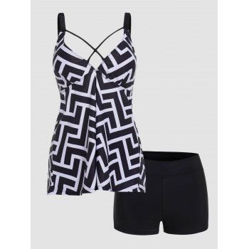 

Contrasting Geometric Print Tankini Swimsuit Padded Adjustable Straps Tankini Two Piece Swimwear Boyleg Bathing Suit, Black