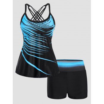 

Stripe Print Tummy Control Tankini Swimsuit Padded Crisscross Tankini Two Piece Swimwear Boyleg Bathing Suit, Blue