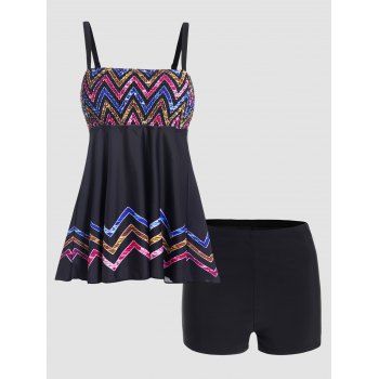 

Colorful Chevron Print Tankini Swimsuit Padded Adjustable Straps Tankini Two Piece Swimwear Boyleg Bathing Suit, Black