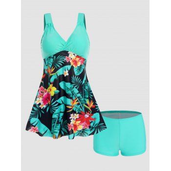 

Tropical Leaf Flower Print Tummy Control Vacation Tankini Swimsuit Padded Surplice Plunge Tankini Two Piece Swimwear Boyleg Bathing Suit, Green