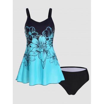 

Flower Print Tummy Control Tankini Swimsuit Padded Adjustable Straps Tankini Two Piece Swimwear Bathing Suit, Blue