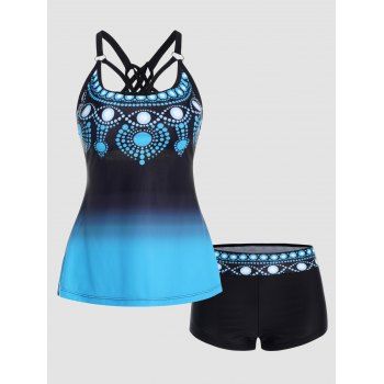 

Modest Tankini Swimsuit Ombre Printed Swimwear Cut Out Crisscross Padded Boyshort Halter Bathing Suit, Blue