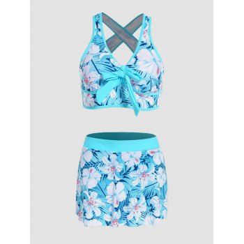 

Tropical Flower Print Skort Tankini Swimsuit Crossover Padded Tankini Two Piece Swimwear Bowknot Bathing Suit, Light blue