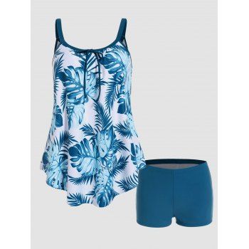 

Tropical Leaf Print Tummy Control Vacation Tankini Swimsuit Padded Tankini Two Piece Swimwear Boyleg Bathing Suit, Light blue