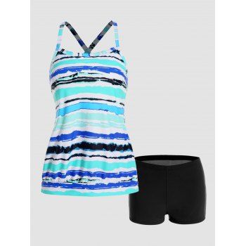 

Stripe Painting Print Tankini Swimsuit Adjustable Straps Crossover Tankini Two Piece Swimwear Boyleg Bathing Swimsuit, Light blue