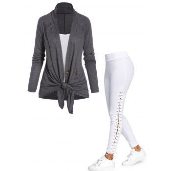 

Single Button Colorblock Knot Long Sleeve Top And Plain Lace Up Skinny Pants Outfit, Multicolor