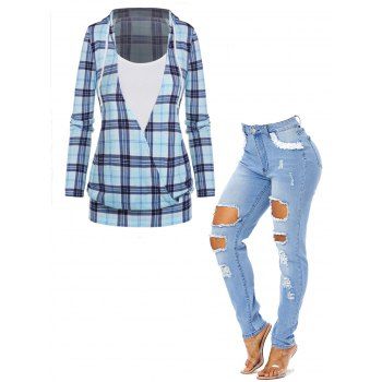 

Plaid Print Colorblock Drawstring Surplice Faux Twinset Hoodie And Ripped Mock Pockets Zipper Fly Jeans Casual Outfit, Light blue