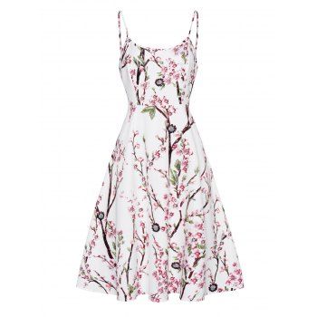 

Peach Blossom Print Dress High Waisted Spaghetti Strap Sleeveless A Line Midi Dress, White