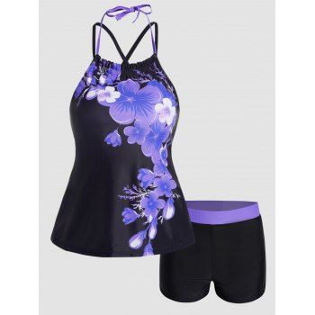 

Modest Tankini Swimsuit Colorblock Flower Print Swimwear Crisscross Tied Back Boyshorts Padded Bathing Suit, Multicolor a