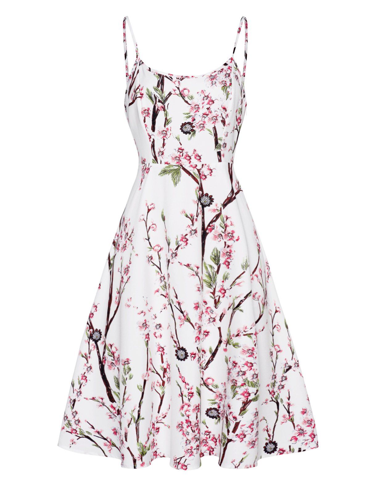 Peach Blossom Print Dress High Waisted Spaghetti Strap Sleeveless A Line Midi Dress - WHITE XXL