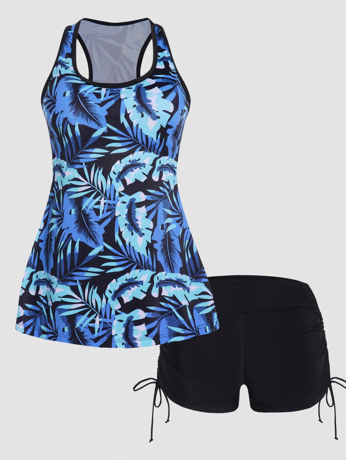 Tropical Leaf Print Vacation Tankini Swimsuit Cut Out Padded Tankini Two Piece Swimwear Cinched Boyleg Bathing Suit - BLUE 2XL